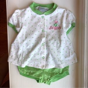 Vintage Basic Editions baby outfit 6-9 months green white pink polka dots